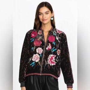 NWT JOHNNY WAS JUNIA VELVET QUILTED BOMBER JACKET ZIP FRONT, EMBROIDERED, SZ L